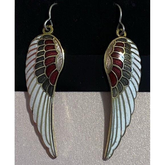 Angel Wing Drop Earrings Cloisonne Enamel Dangle White Red Green - Picture 1 of 9